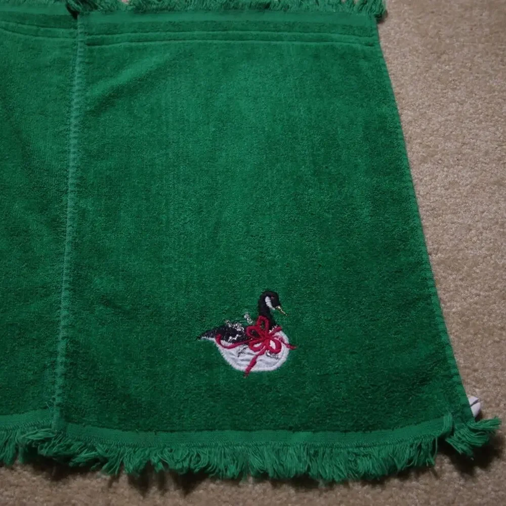 Hand Towel Lot (2) Christmas Green Goose Fringe R.A. Briggs Vintage